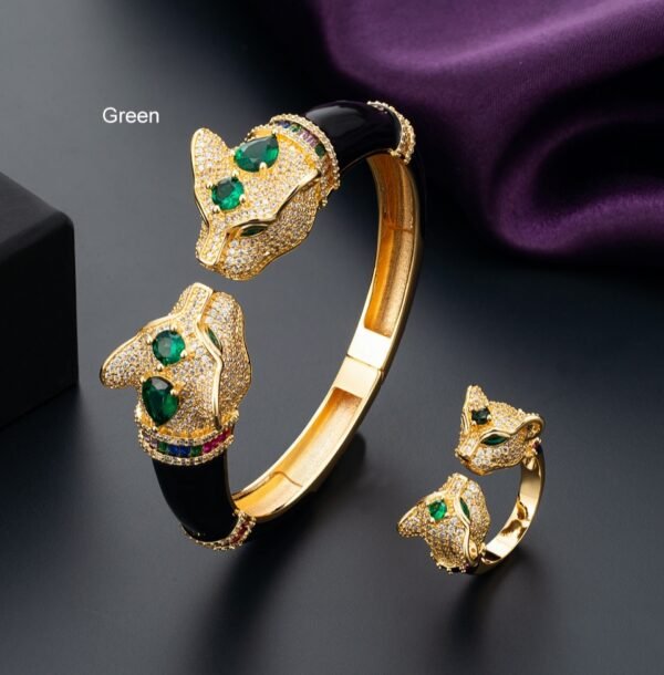 Deniz Khan Green Gold Tone Bangle Ring Set